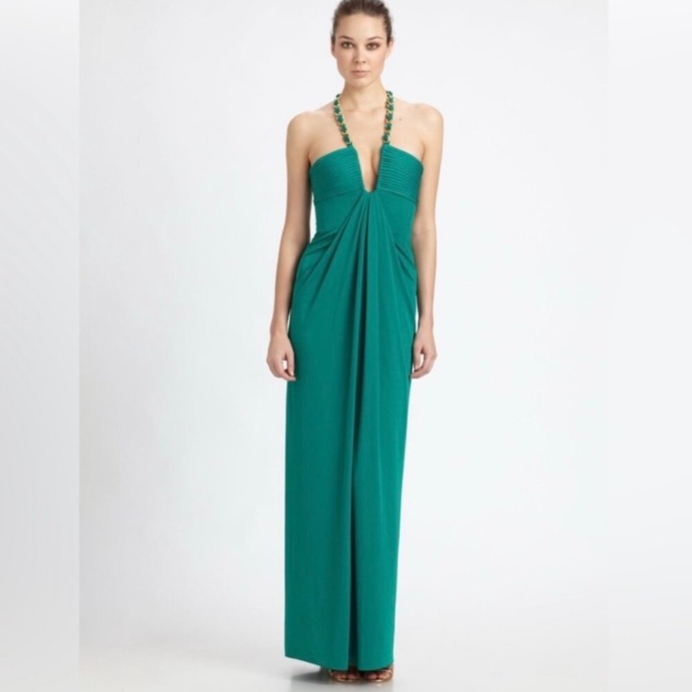 BCBGMAXAZRIA Sophira Green Halter Gown Size XS